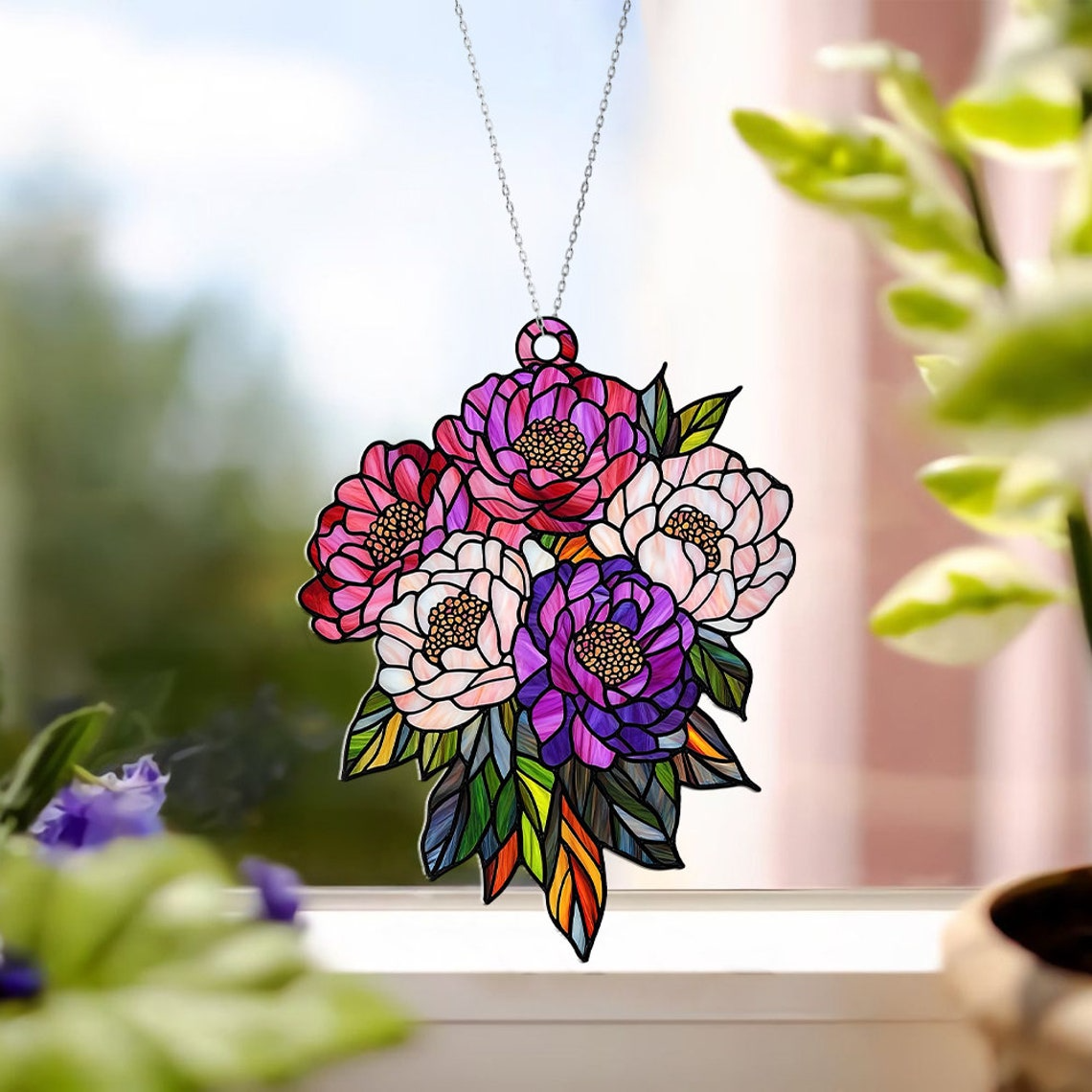 Peonies Flowers Hanging Suncatcher, Peonies Sun Light Catcher Ornament