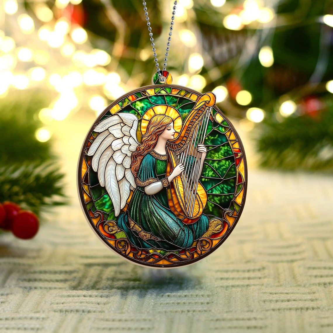 Angel With Harp Christmas Suncatcher, Angel With Harp Window Hanging Ornament Decor