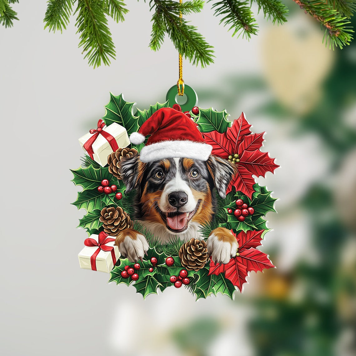 Australian Shepherd Dog Christmas Wreath Ornament, Australian Dog Hanging Christmas Ornament