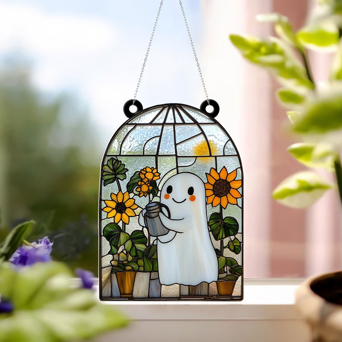 Ghost Planting Flower Suncatcher, Cute Ghost Hanging Home Decor Ornament