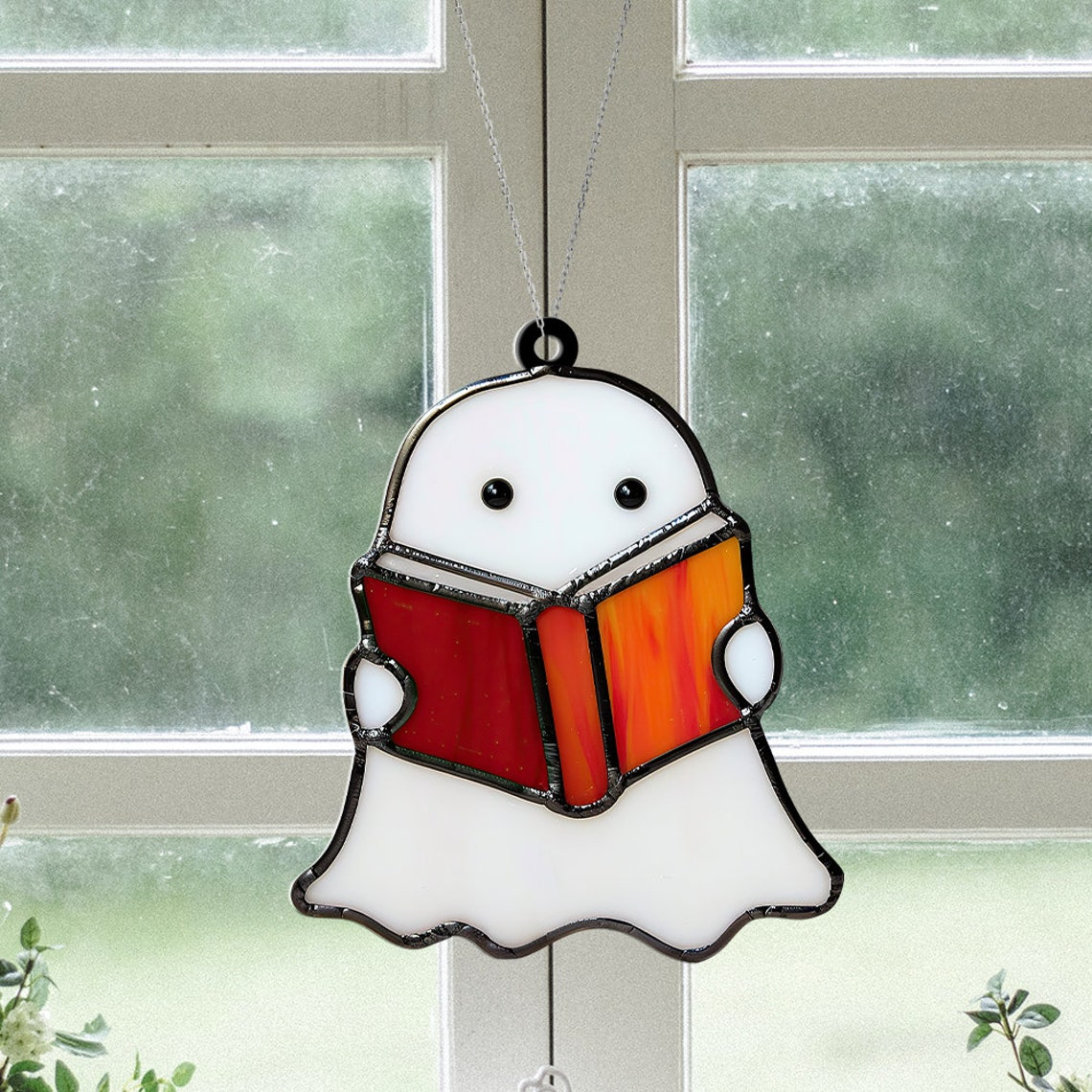 Ghost Reading Book Alone Suncatcher, Ghost Librarian Hanging Ornament Decor