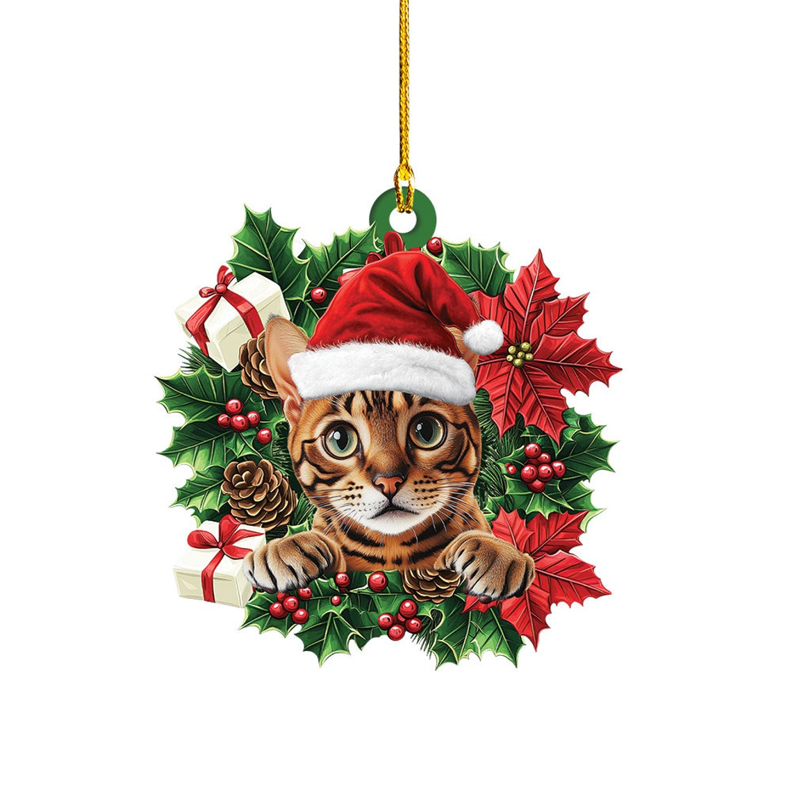 Bengal Cat Hanging Christmas Wreath Ornament, Cute Cat Car Christmas Ornament Holiday Decor