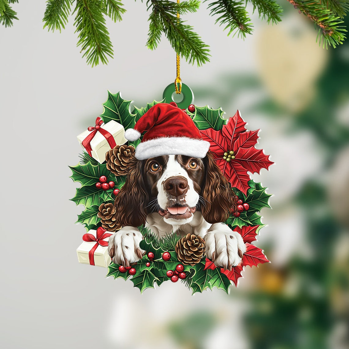 English Springer Spaniel Dog Christmas Wreath Ornament, Springers Dog Christmas Ornament Gift