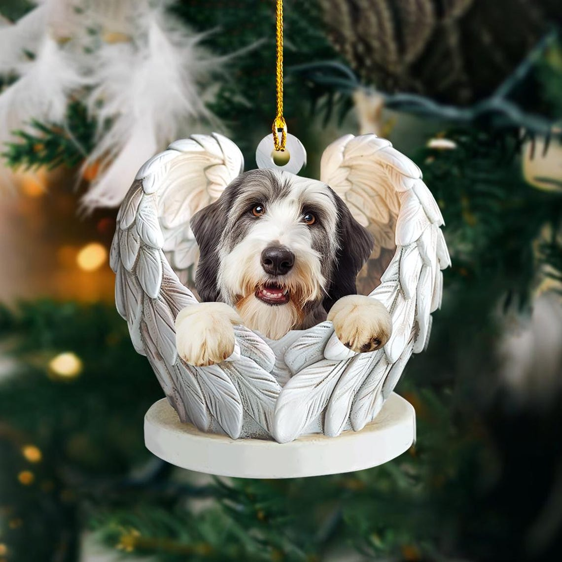 Ornament Bearded Collie Dog Angel Wings Christmas Decor, Bearded Collie Dog Flat Hanging Christmas Ornament