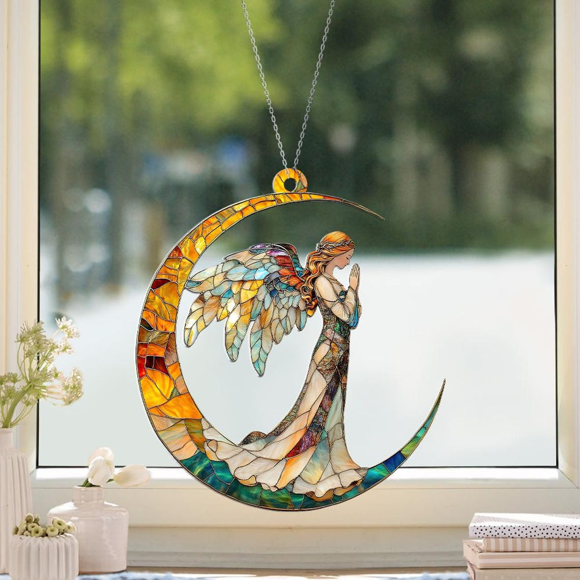 Angel with Moon Hanging Christmas Suncatcher, Angel with Moon Window Hanging Ornament Decor