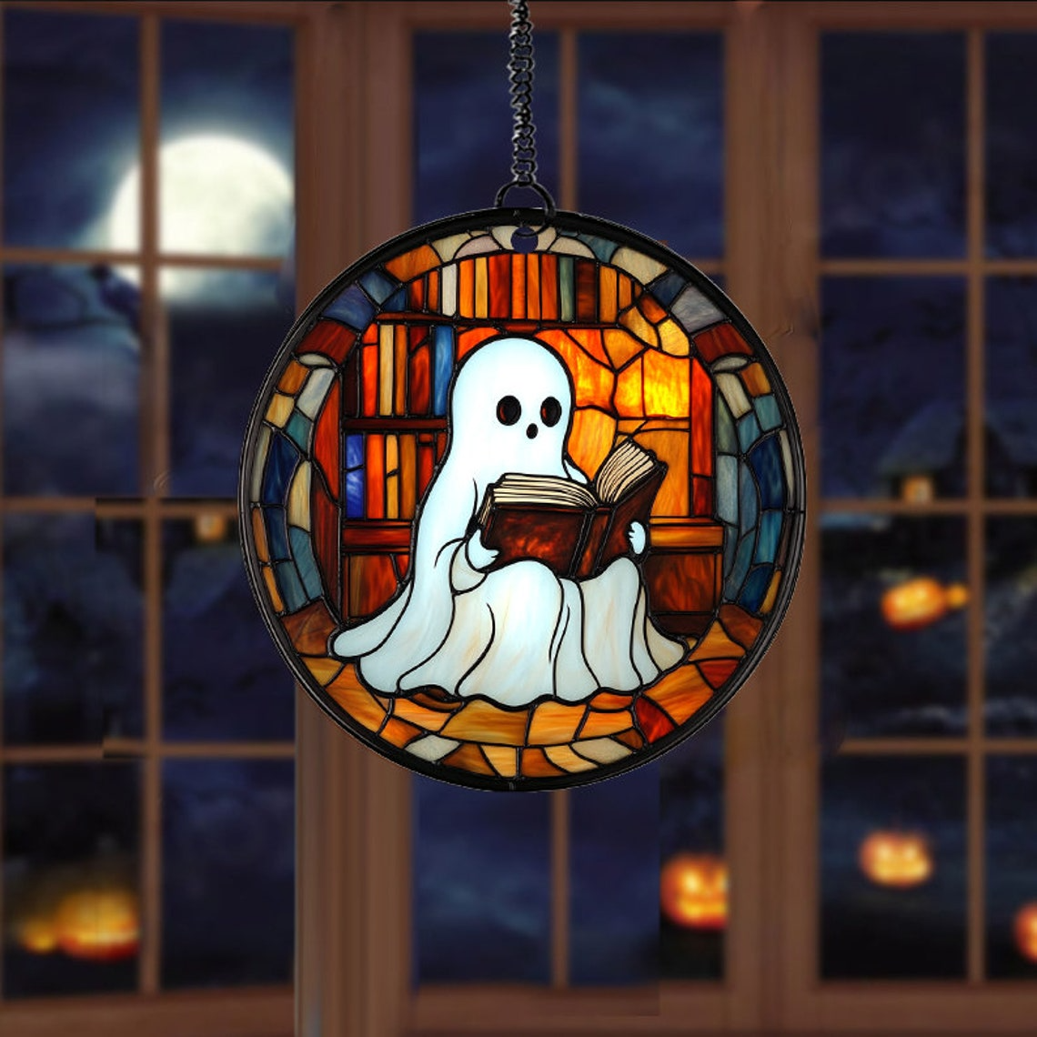 Ghost Reading Book at the Library Suncatcher, Ghost Hanging Ornament Home Decor