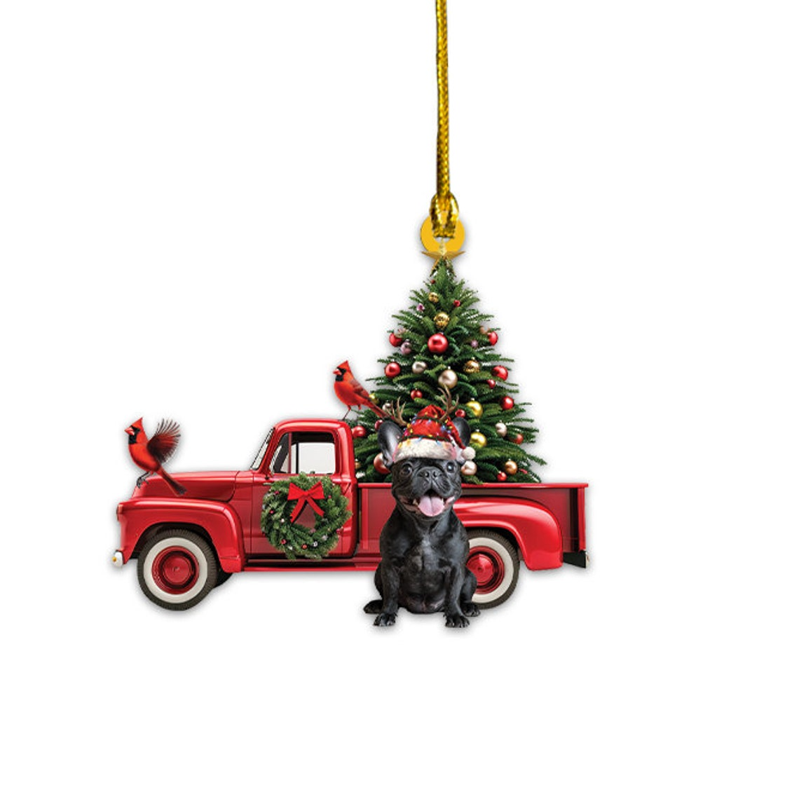 French Bulldog Dog Red Truck Christmas Ornament, French Bulldog Rearview Mirror Car Ornament