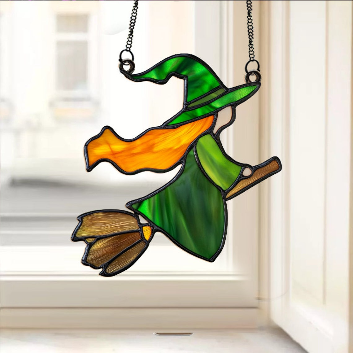 Baby Witch Riding Broomstick Suncatcher, Little Witch Hanging Ornament Home Decor