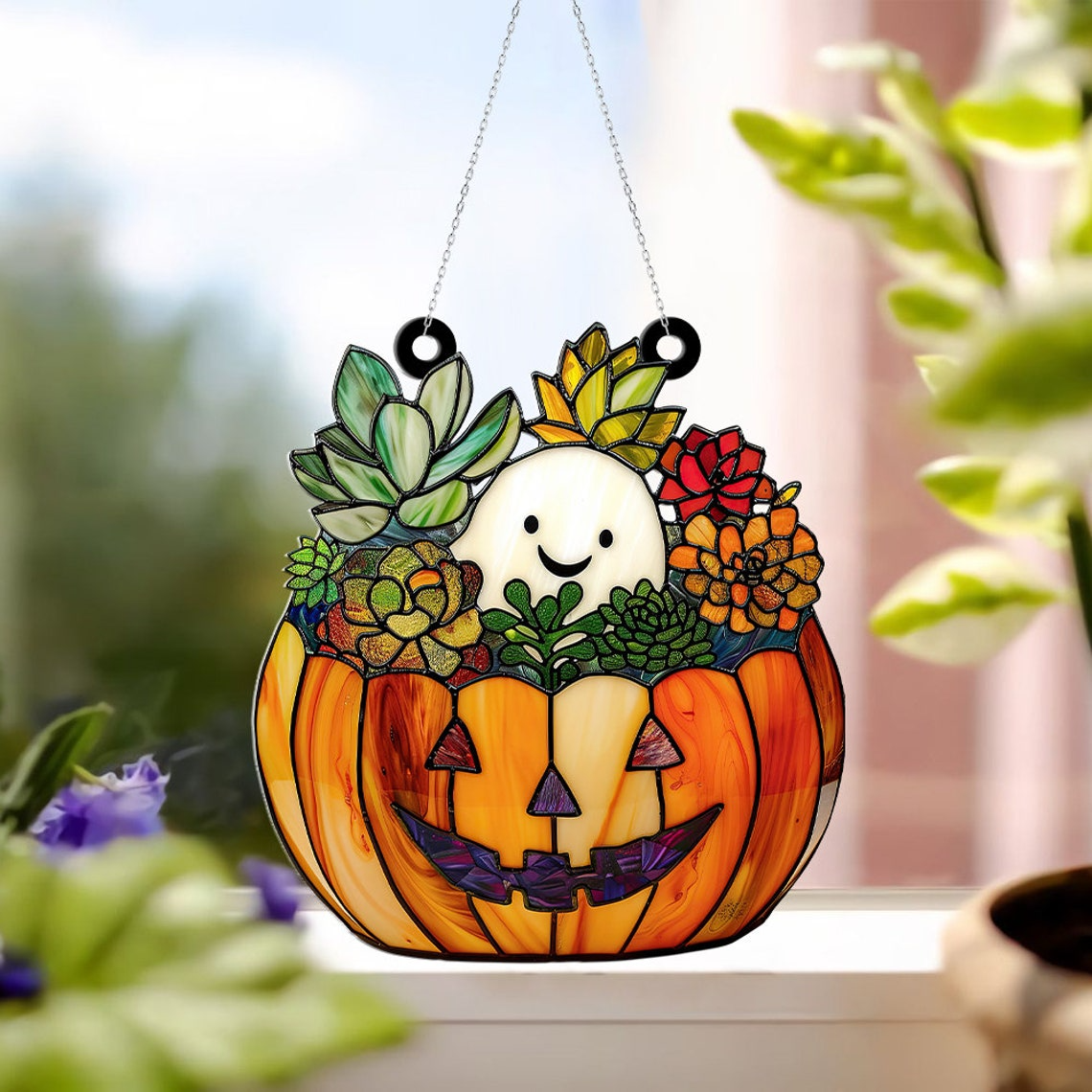 Halloween Ghost Pumpkins & Cactus Suncatcher, Ghost Succulent Gardener Ornament