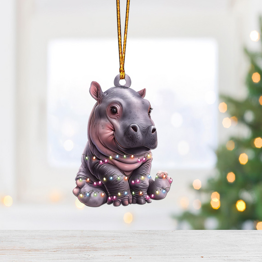 Cute Baby Hippo Moo Deng Christmas Light Ornament, Hippo Car Christmas Ornament Holiday Gift