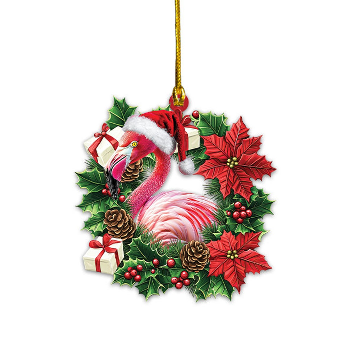 Flamingo Hanging Christmas Wreath Ornament, Cute Flamingo Hanging Christmas Ornament Decor Gift