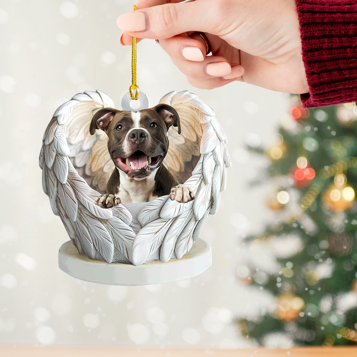 Pit Bull Dog Angel Wings Christmas Ornament, Pit Bull Dog Hanging Christmas Ornament Gift