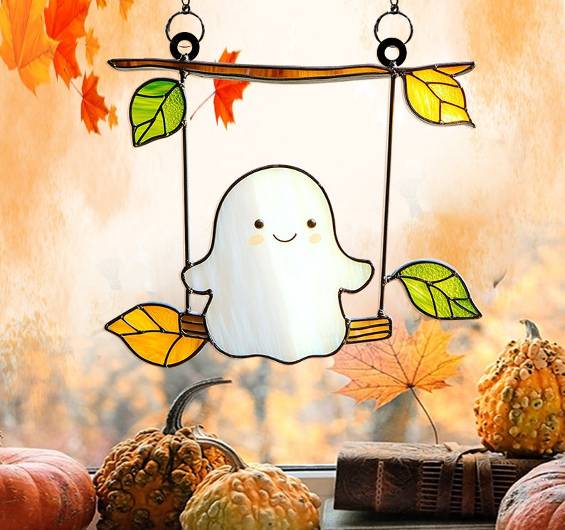 Cute Ghost Play Swing Halloween Suncatcher, Cute Ghost Window Hanging Decor Gift