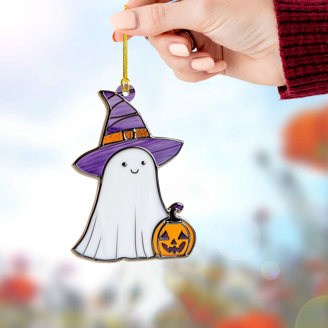 Ghost Purple Hat Witch Suncatcher Decor, Halloween Ghost Hanging Ornament