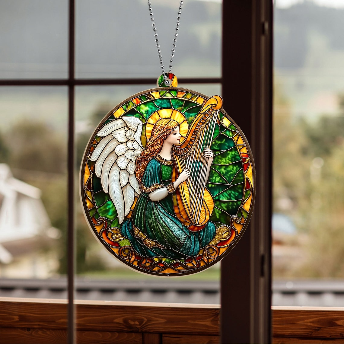 Angel With Harp Christmas Suncatcher, Angel With Harp Window Hanging Ornament Decor