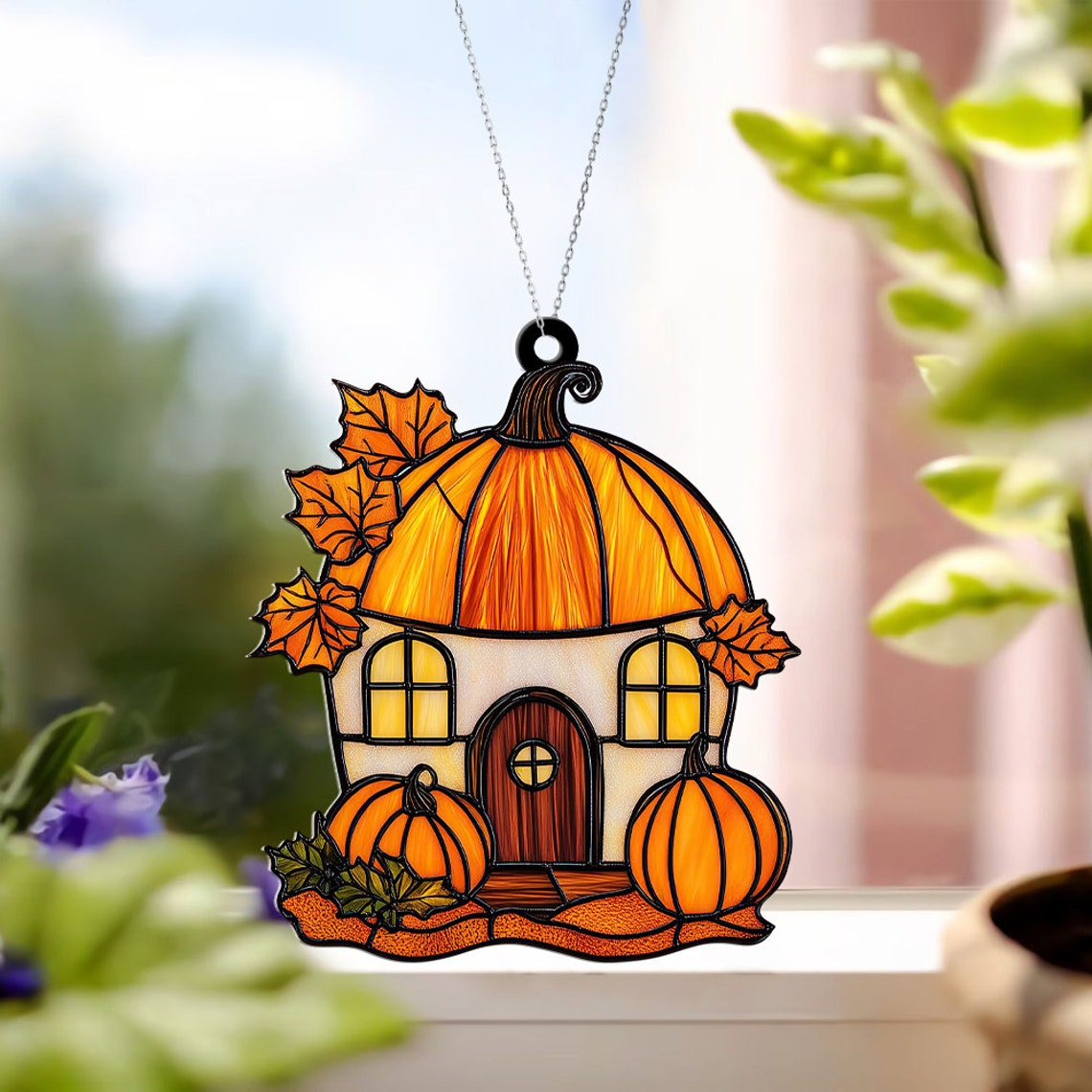 Cute House Pumpkin Autumn Suncatcher, Autumn Thanksgiving Suncatcher