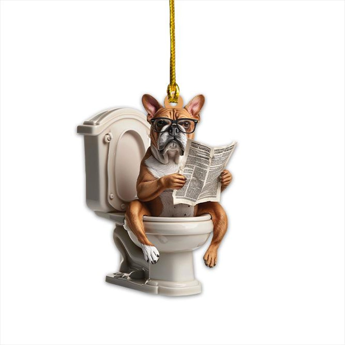 Funny Bulldog Sitting On Toilet Ornament, Bulldog Reading Newspaper Christmas Ornament