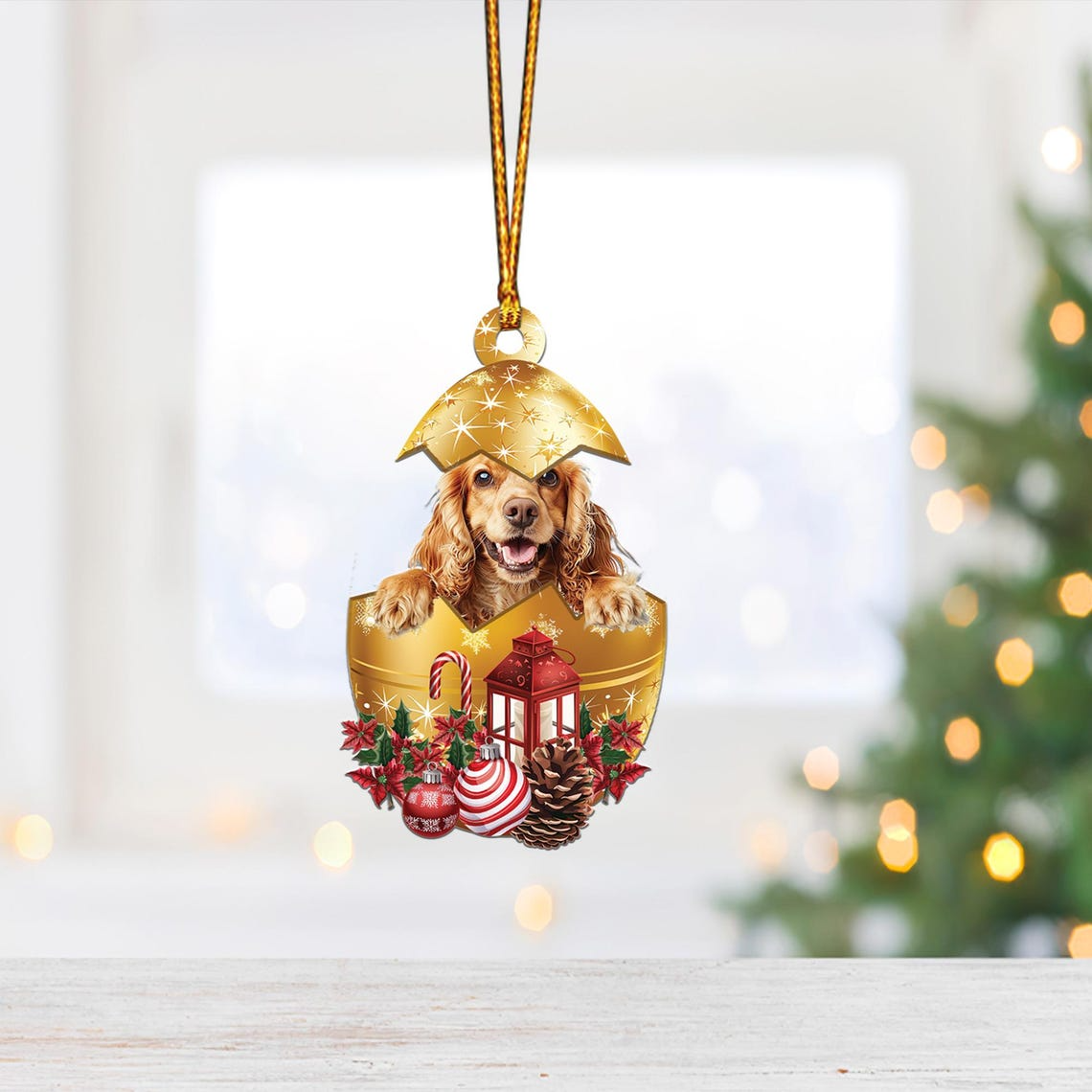 Cocker Spaniel In in Golden Egg Christmas Ornament, Cute Dog Hanging Decor Home Gift