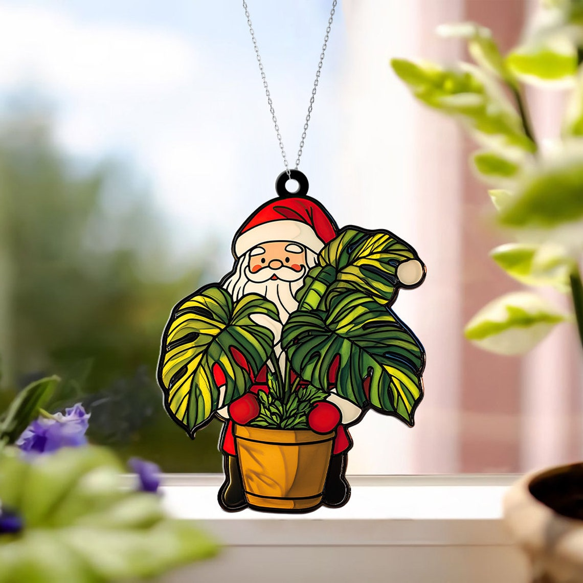 Santa With Monstera Plant Suncatcher Ornament, Santa Monstera Christmas Suncatcher