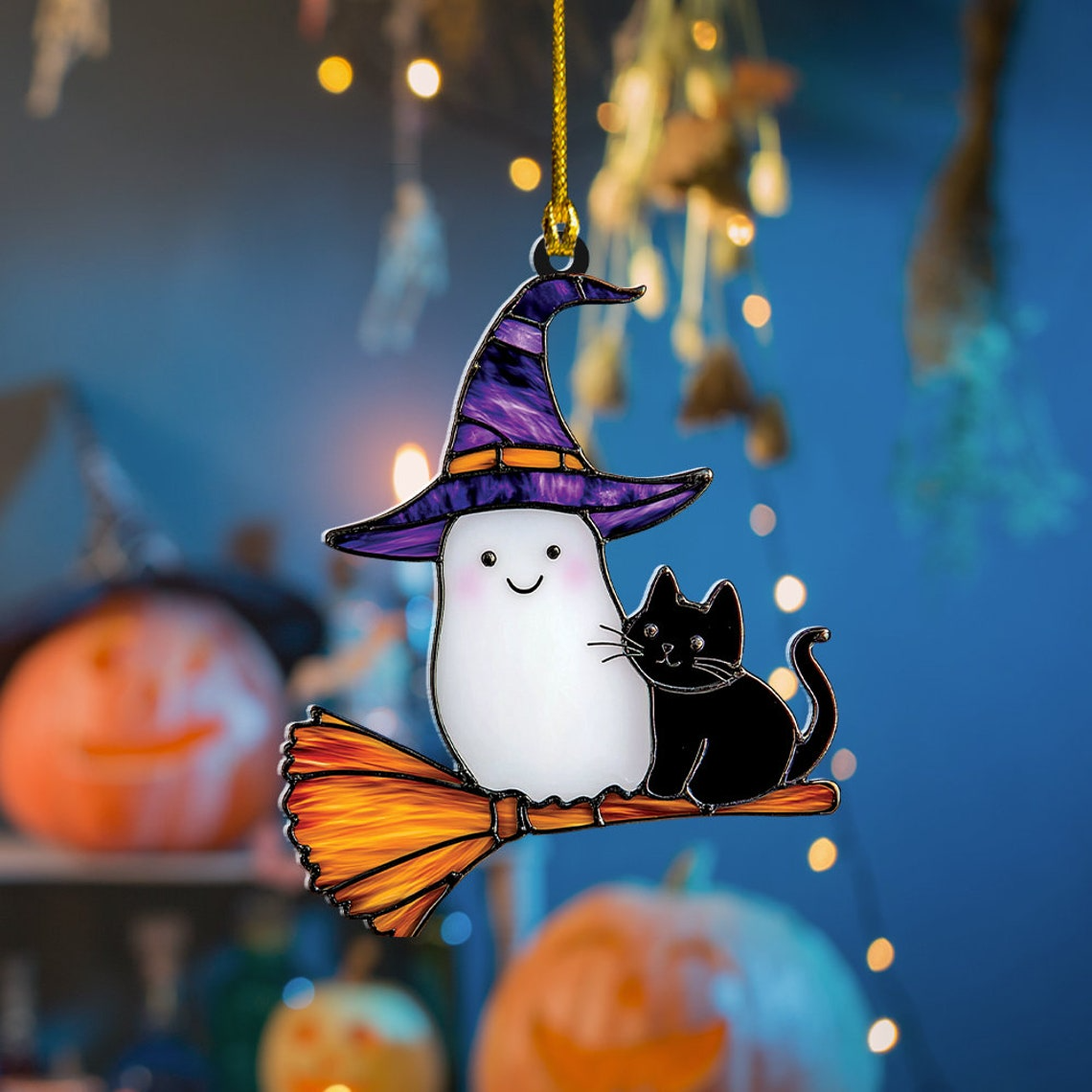 Cute Ghost and Cat Riding Broomstick Halloween Suncatcher, Window Hanging Decor