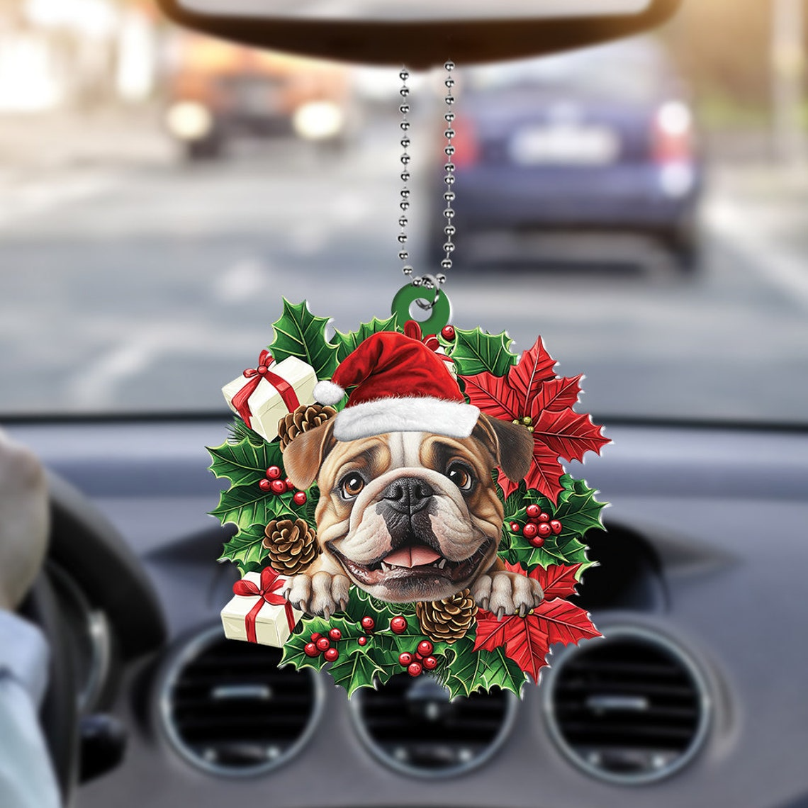 English Bulldog Christmas Wreath Ornament, Cute English Bulldog Christmas Tree Ornament