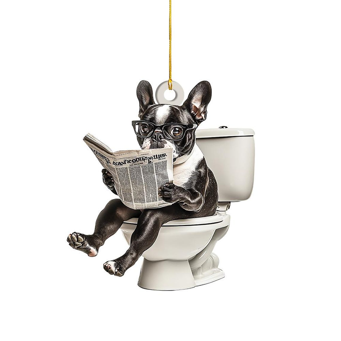 Boston Terrier Dog Sitting On Toilet Ornament, Boston Dog Reading Newspaper Ornament