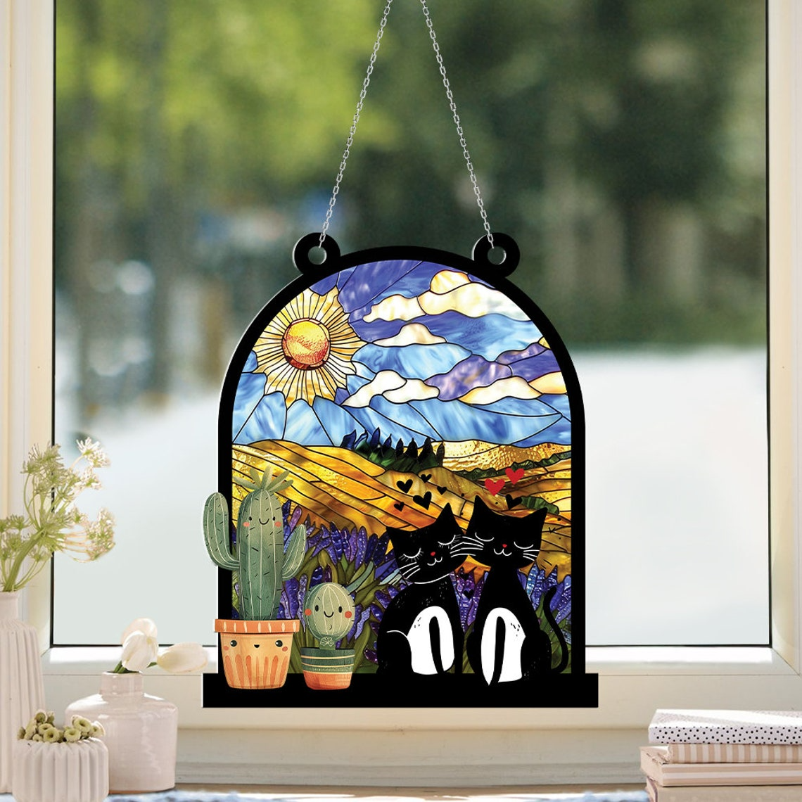 Black Cat Couple Hanging Suncatcher, Cute Cat Couple Window Hanging Decor