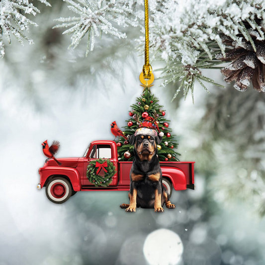 Cute Rottweiler Dog and Red Truck Ornament Gift, Rottweiler Dog Car Hanging Christmas Ornament