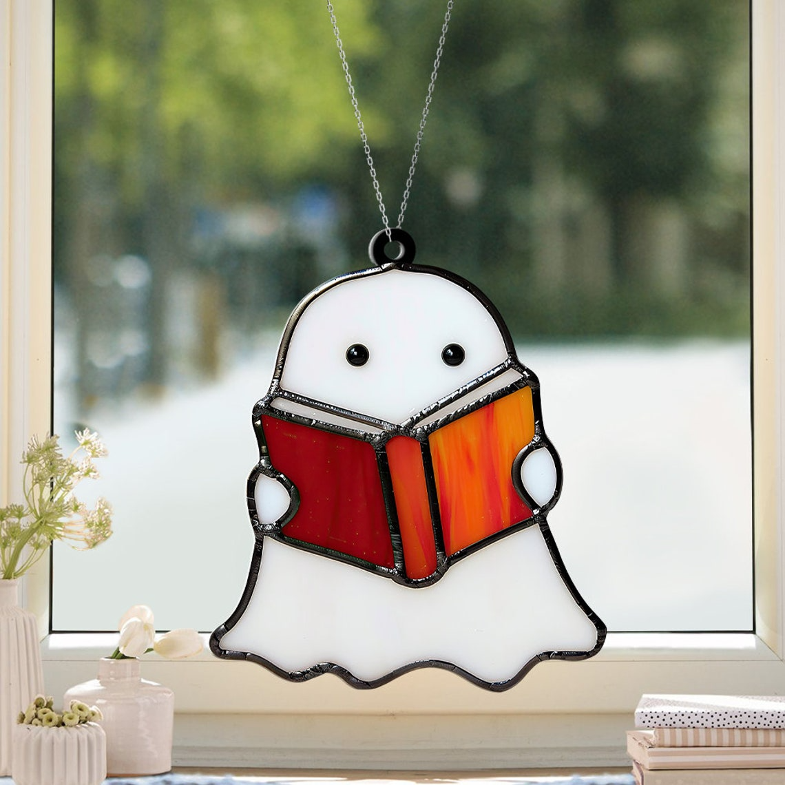 Ghost Reading Book Alone Suncatcher, Ghost Librarian Hanging Ornament Decor