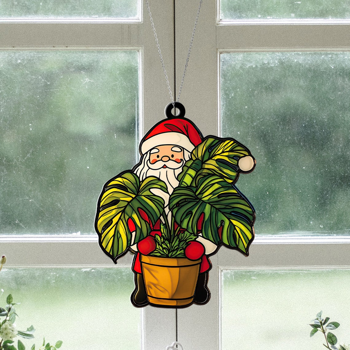 Santa With Monstera Plant Suncatcher Ornament, Santa Monstera Christmas Suncatcher