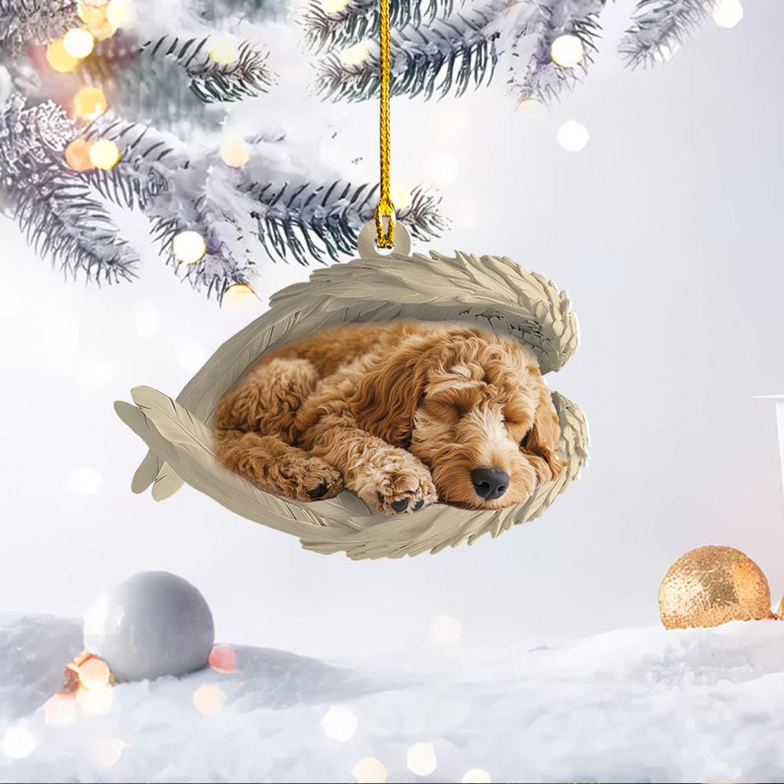 Goldendoodle Dog Sleeping Christmas Ornament, Goldendoodle Dog Angel Wings Ornament Gift