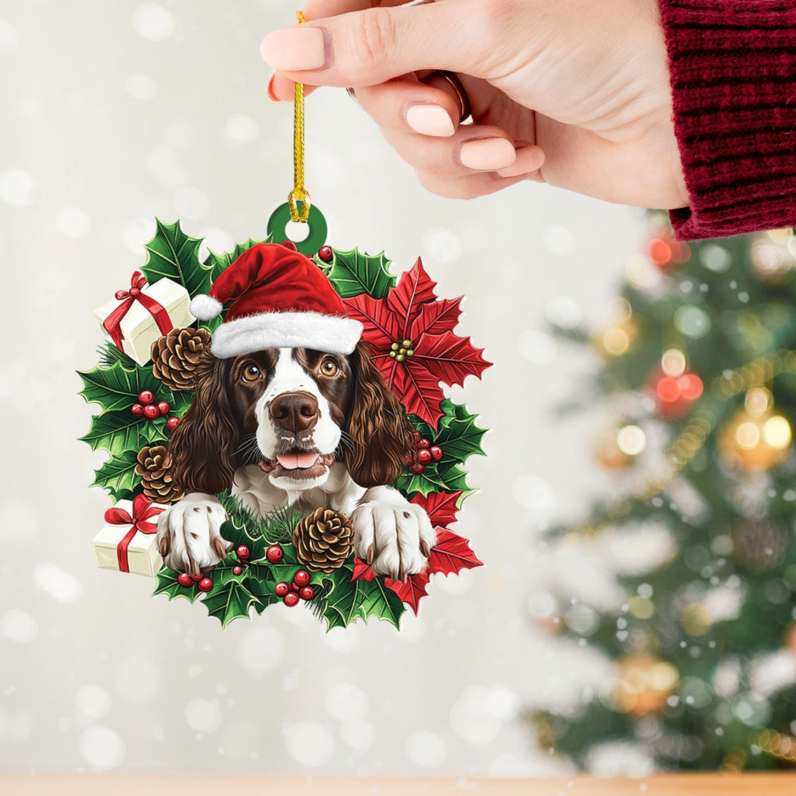 English Springer Spaniel Dog Christmas Wreath Ornament, Springers Dog Christmas Ornament Gift