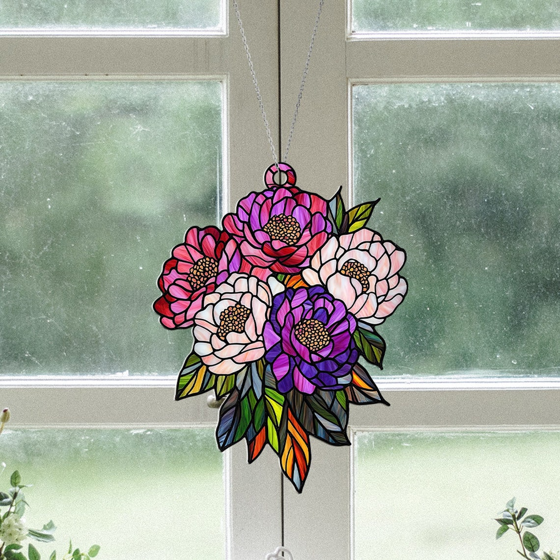 Peonies Flowers Hanging Suncatcher, Peonies Sun Light Catcher Ornament