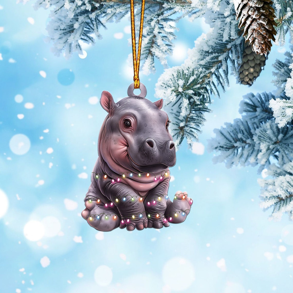 Cute Baby Hippo Moo Deng Christmas Light Ornament, Hippo Car Christmas Ornament Holiday Gift