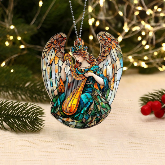 Winged Angel With Harp Christmas Suncatcher, Angel With Harp Hanging Ornament Decor