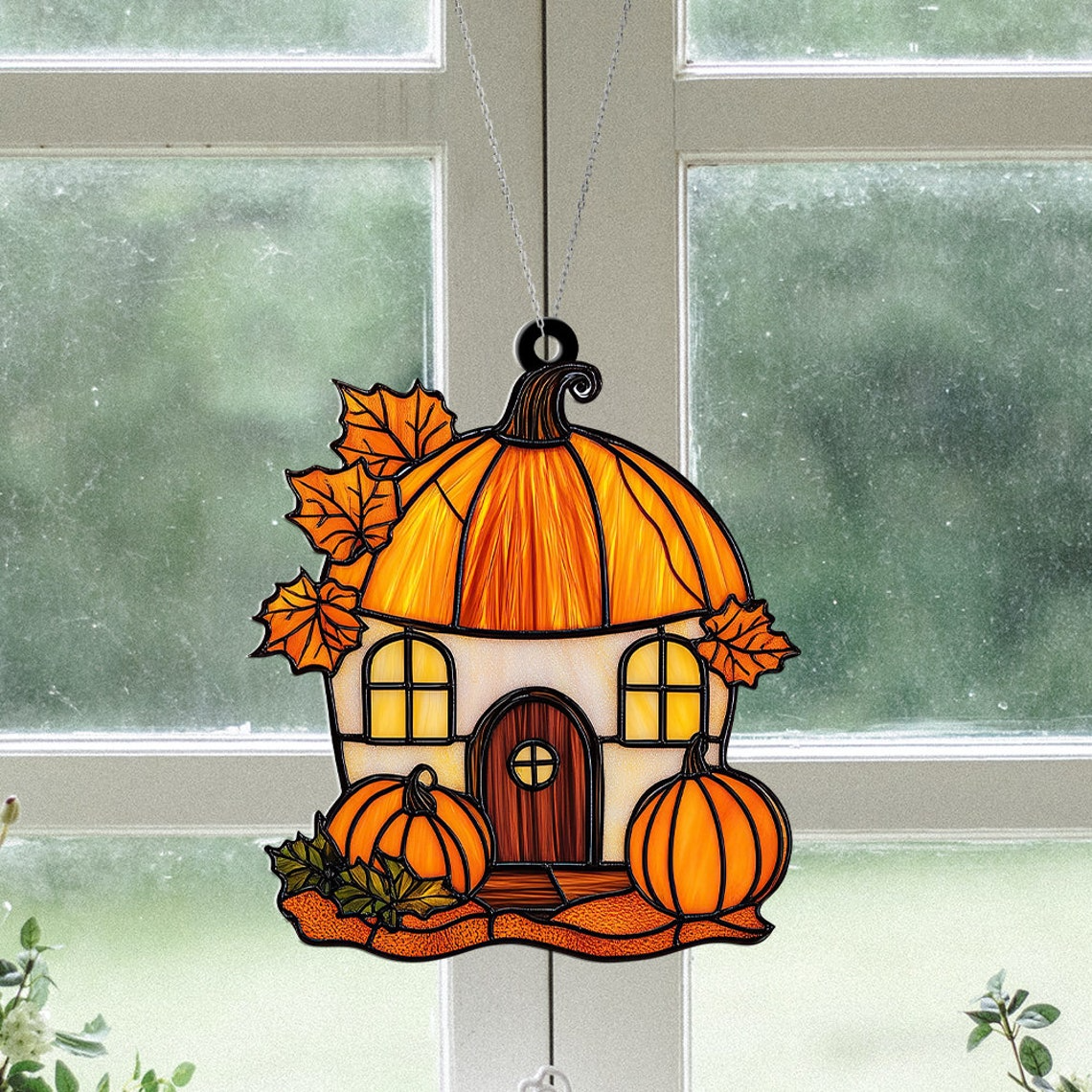 Cute House Pumpkin Autumn Suncatcher, Autumn Thanksgiving Suncatcher