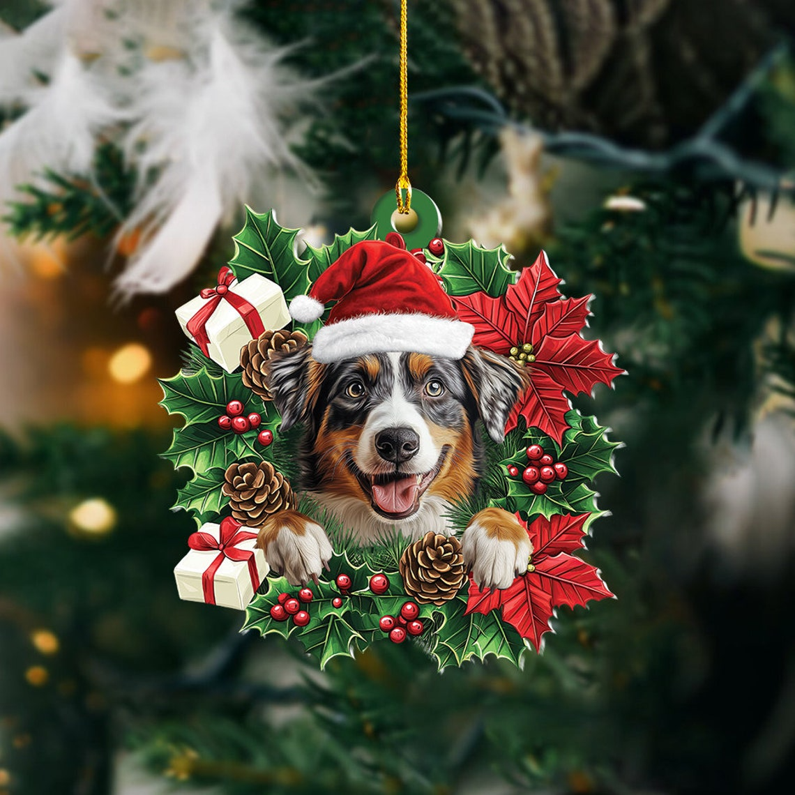 Australian Shepherd Dog Christmas Wreath Ornament, Australian Dog Hanging Christmas Ornament