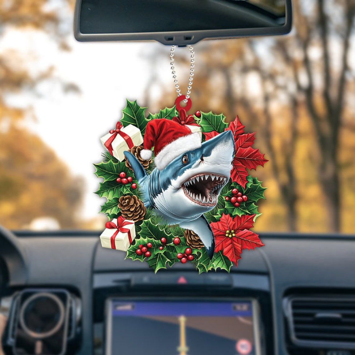 Shark Hanging Christmas Wreath Ornament, Shark Rearview Mirror Car Ornament Holiday Gift