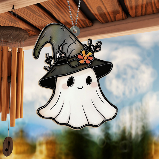 Cute Ghost Black Hat Witch Suncatcher, Ghost Hanging Window Ornament Decor