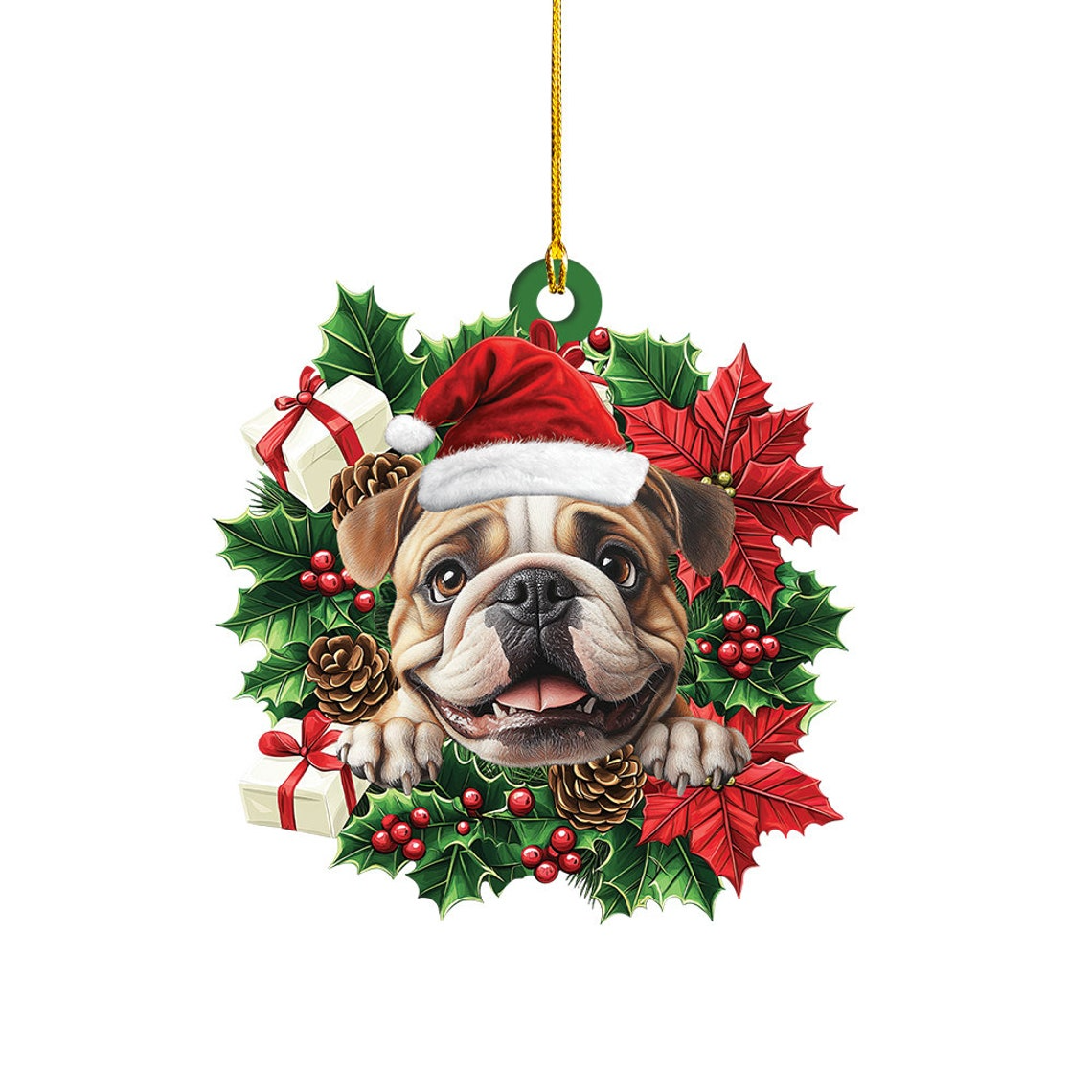 English Bulldog Christmas Wreath Ornament, Cute English Bulldog Christmas Tree Ornament