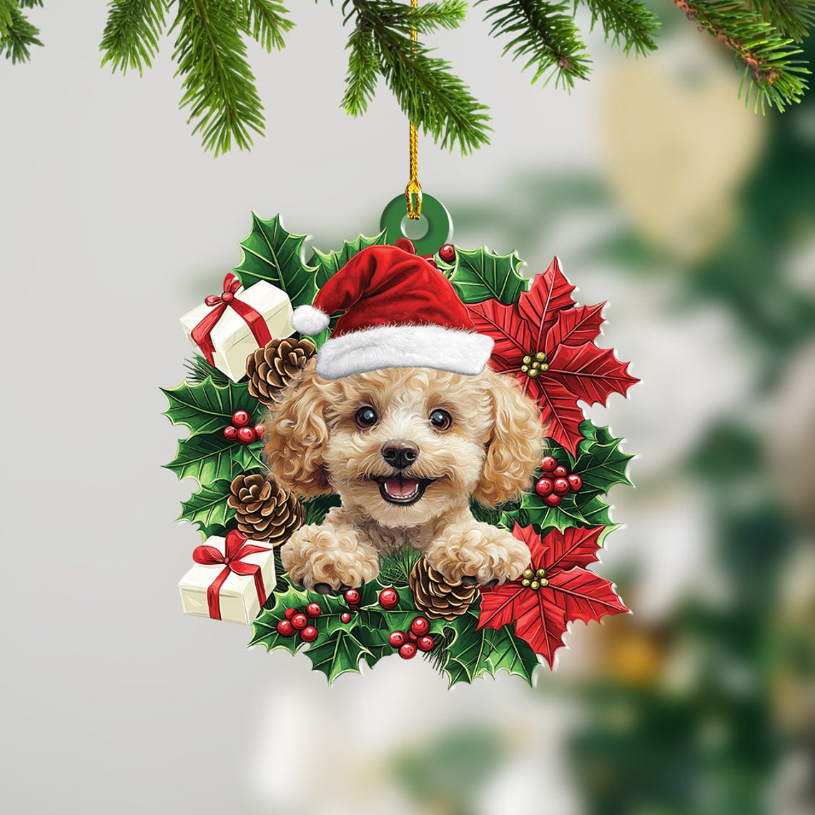 Poodle Dog Christmas Wreath Ornament Decor, Cute Poodle Dog Hanging Christmas Ornament Holiday Gift