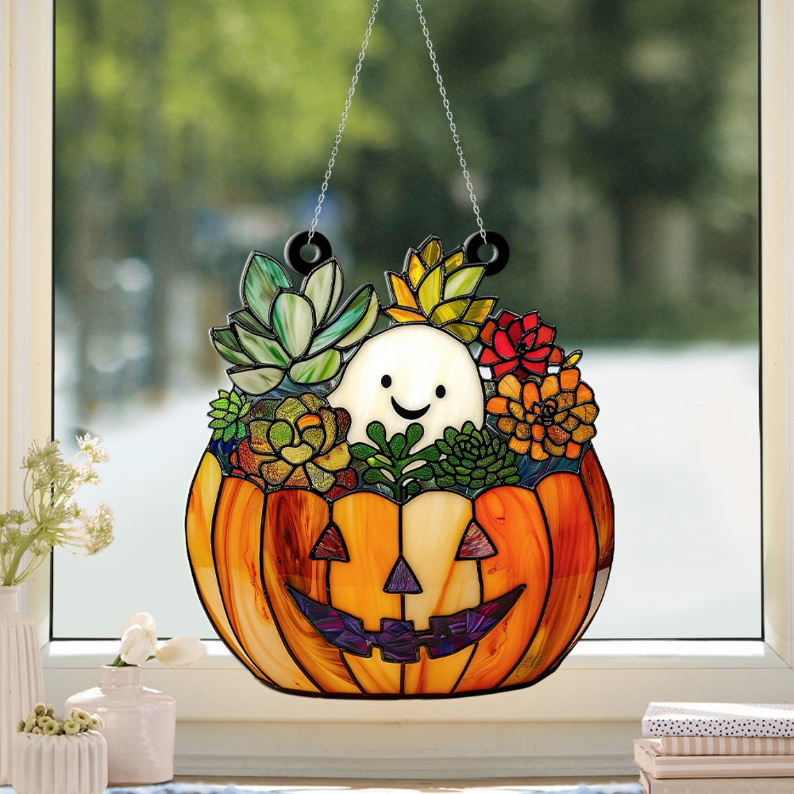 Halloween Ghost Pumpkins & Cactus Suncatcher, Ghost Succulent Gardener Ornament