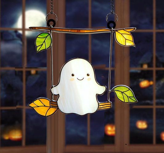 Cute Ghost Play Swing Halloween Suncatcher, Cute Ghost Window Hanging Decor Gift