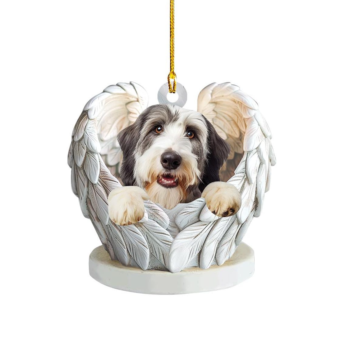 Ornament Bearded Collie Dog Angel Wings Christmas Decor, Bearded Collie Dog Flat Hanging Christmas Ornament