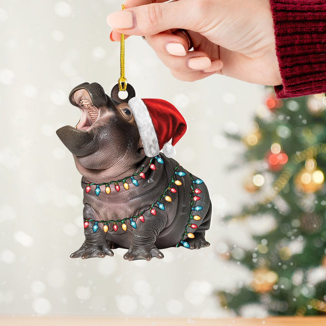 Cute Baby Hippo Moo Deng Flat Ornament, Christmas Moo Deng Hanging Ornament Decor Gift (Copy)