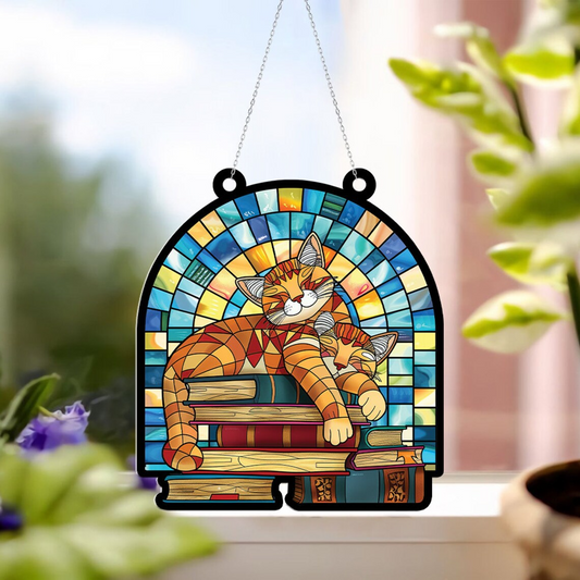 Cats on Book Hanging Suncatcher Ornament, Cats Window Hanging Decor Suncatcher