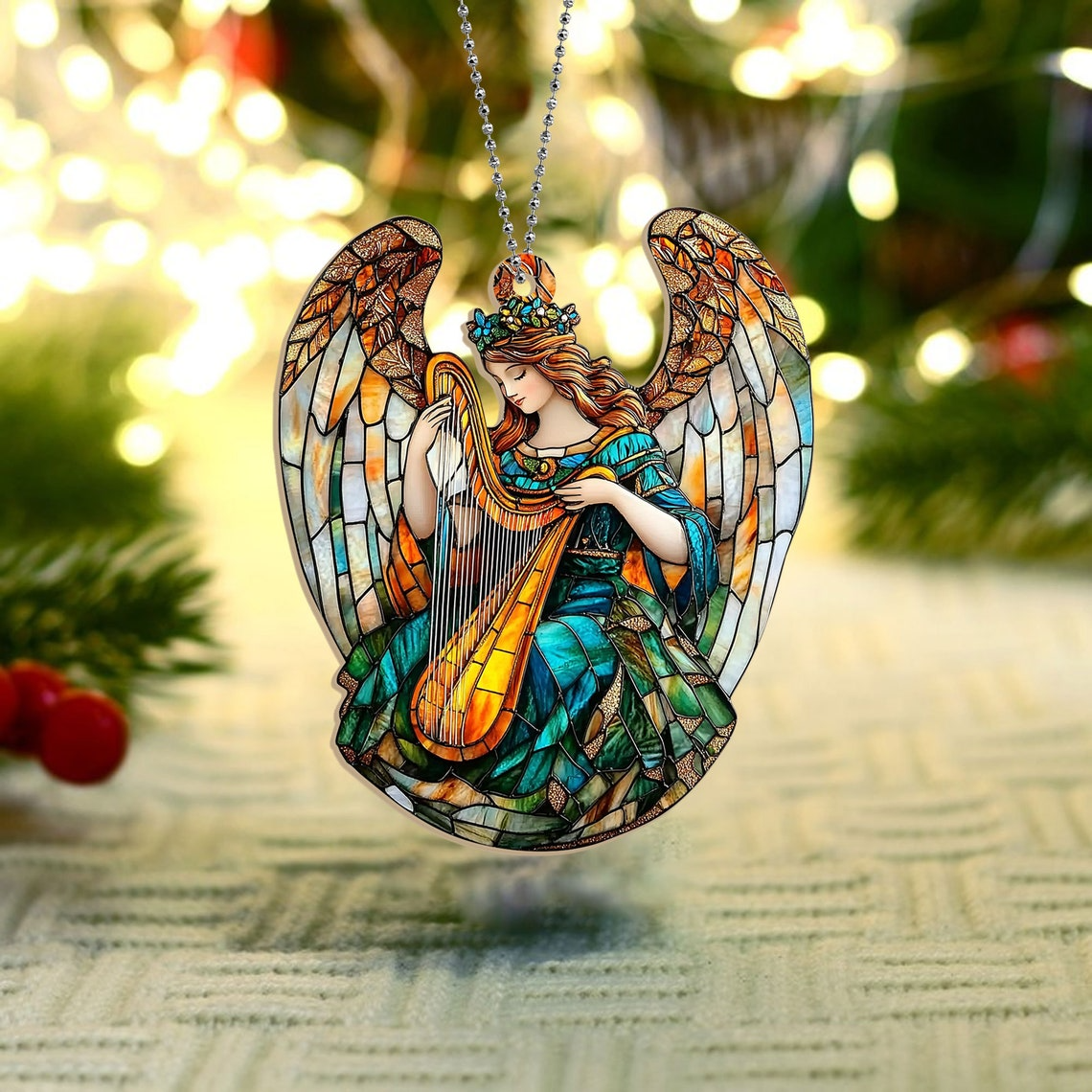 Winged Angel With Harp Christmas Suncatcher, Angel With Harp Hanging Ornament Decor