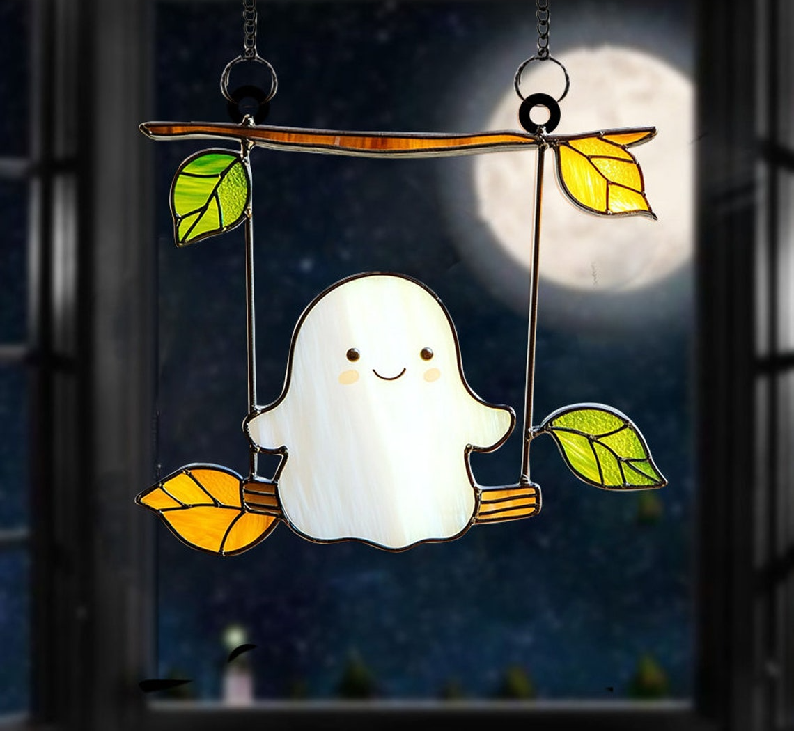 Cute Ghost Play Swing Halloween Suncatcher, Cute Ghost Window Hanging Decor Gift