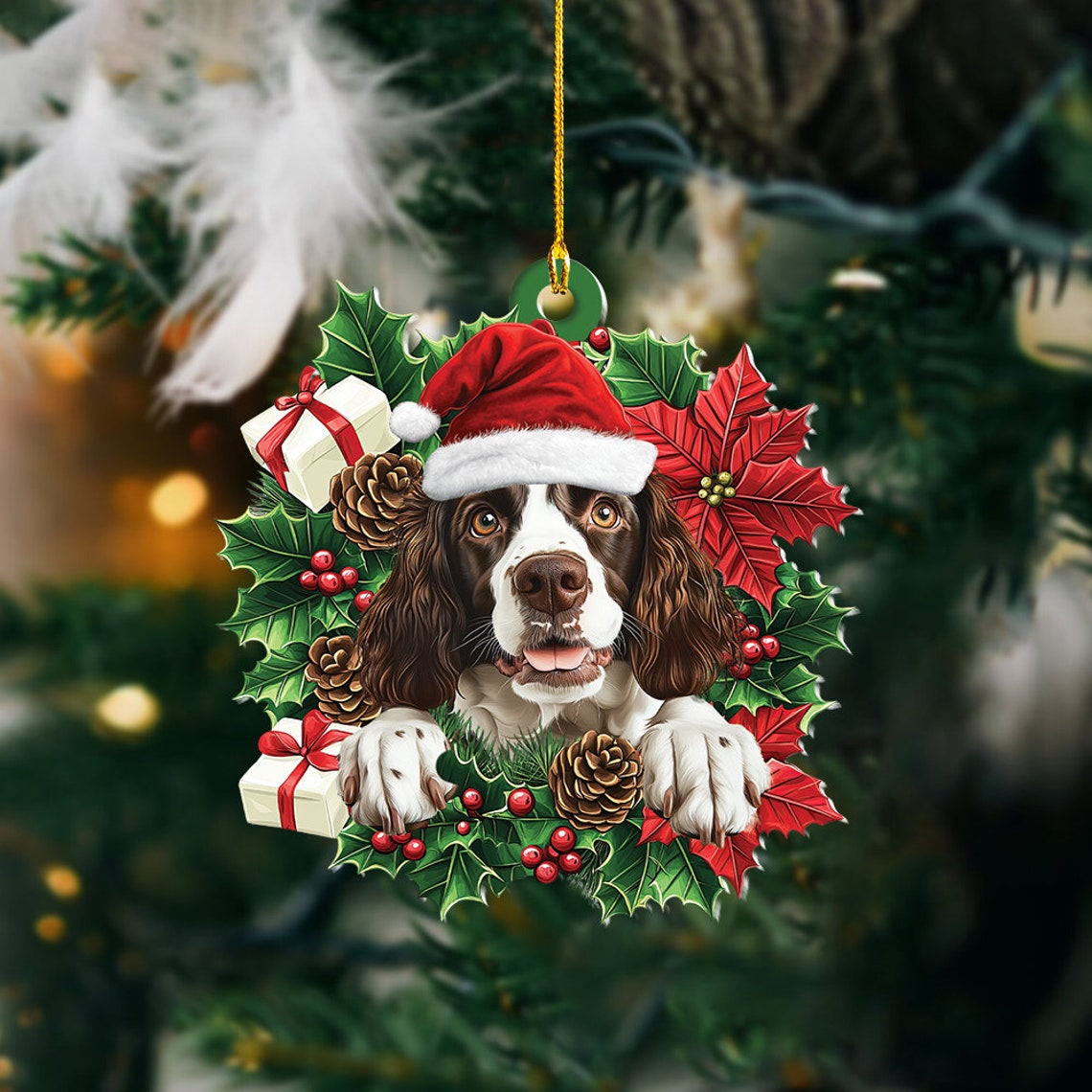 English Springer Spaniel Dog Christmas Wreath Ornament, Springers Dog Christmas Ornament Gift