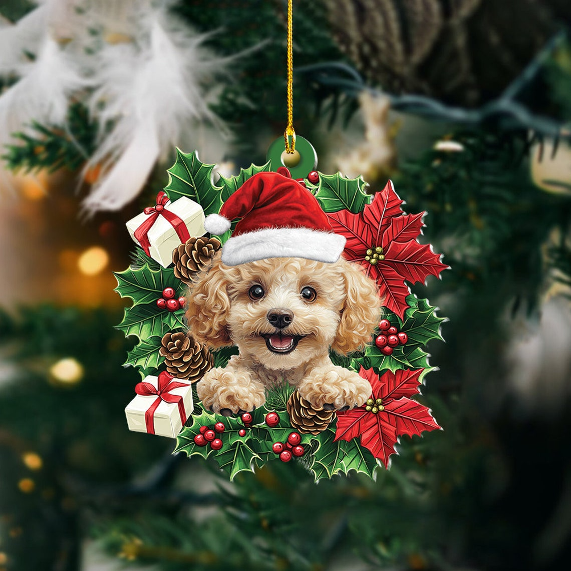 Poodle Dog Christmas Wreath Ornament Decor, Cute Poodle Dog Hanging Christmas Ornament Holiday Gift